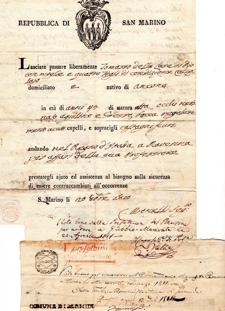 1810- San Marino State Passport ril a Tommaso Della Casa di Dio''.. Calzolaio