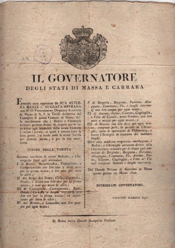 1820 Stati di Massa e Carrara bando Retribuzione Medici