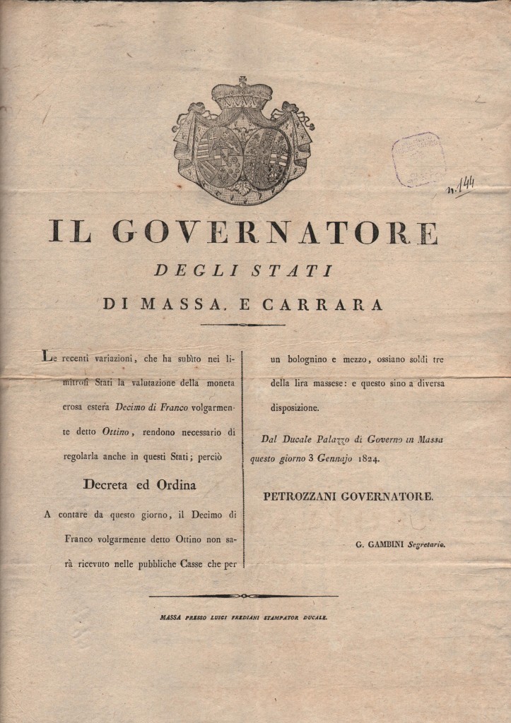 1824 Stati di Massa e Carrara Bando sulle Monete