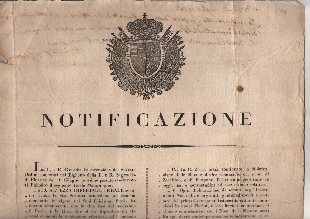 1826 Notificazione sulle Monete Toscana