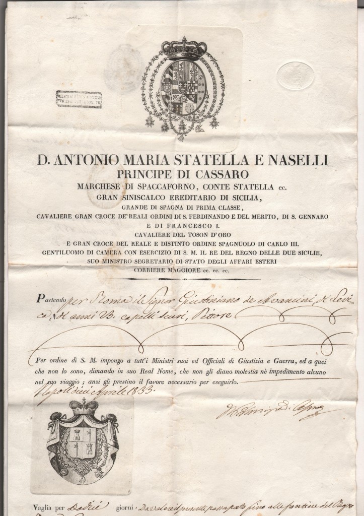 1833 Royame Due Sicilie D'Antonio Maria Statella E Naselli, Principe di Cassaro Emesso Napol