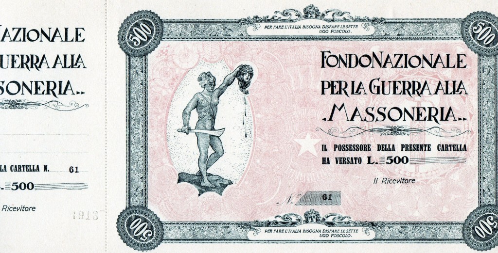 1922 Fondo Nazionale prr la Guerra alla Massoneria titolo da 500