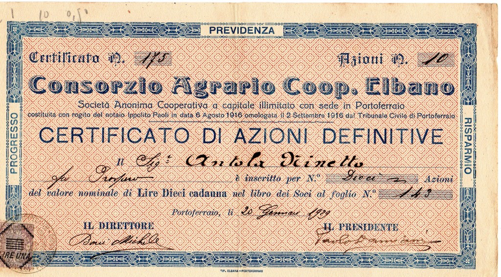 1929 Consorzio Agrario Coop Elbano Portoferraio Tip.Elbana Portoferraio