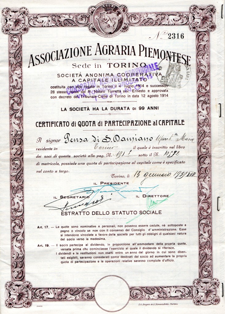 1939 Associazione Agraria Piemontese Torino