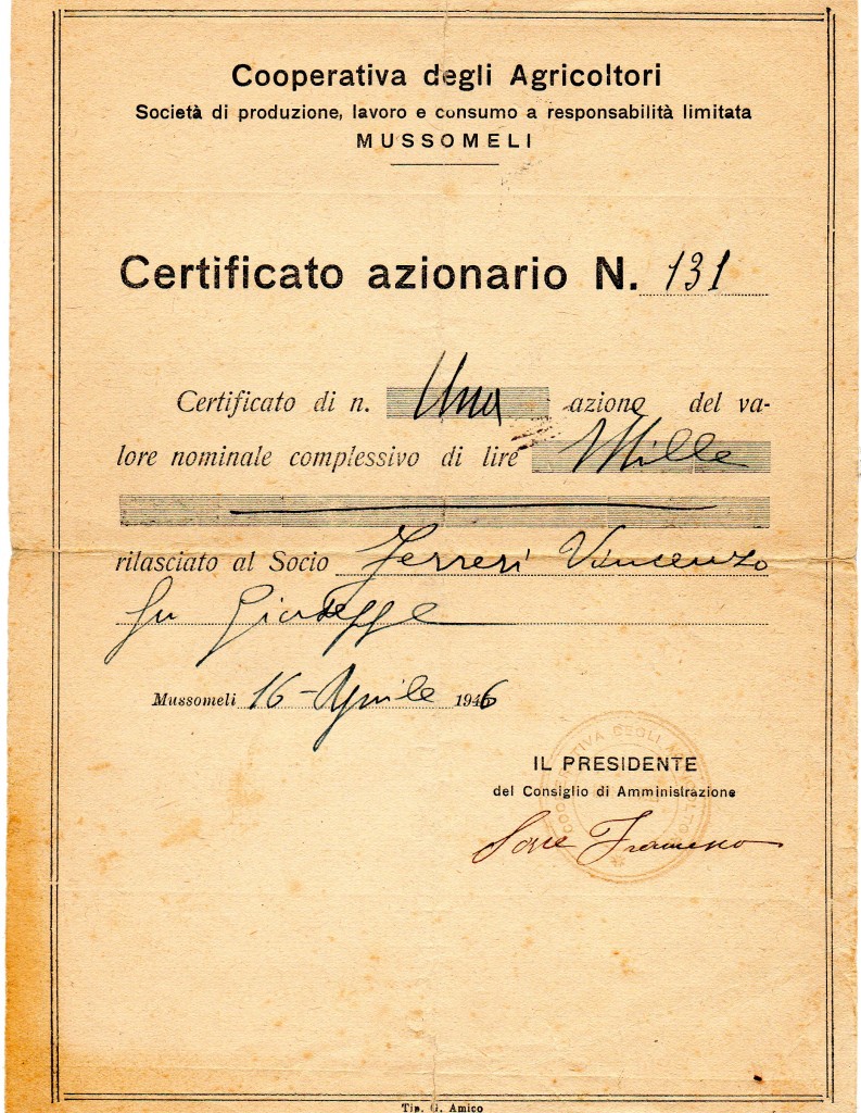 Cooperativa degli Agricoltoridi Mussomeli az 1x1000 lire Mussomeli 1946