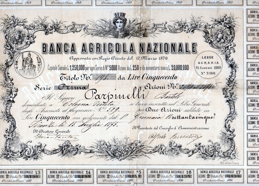 Banca Agricola Nazionale 1870 az da 500 lire Firenze 1875