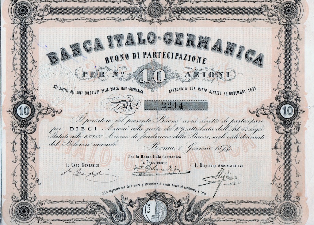 1873 Banca Italo-Germanica buono x 10 quote Roma