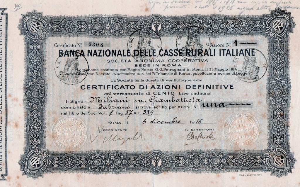 Banca Nazionale delle Casse Rurali Italiane 1914 az da l. 100 Roma 1916