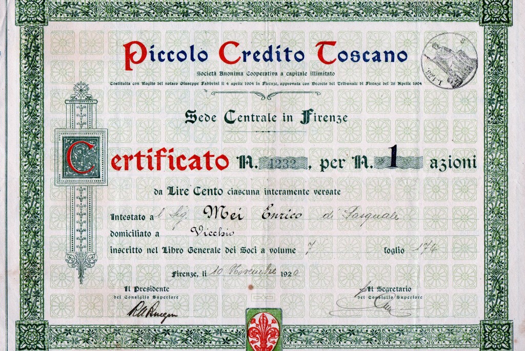 Piccolo Credito Toscano az da 100 Firenze 1920