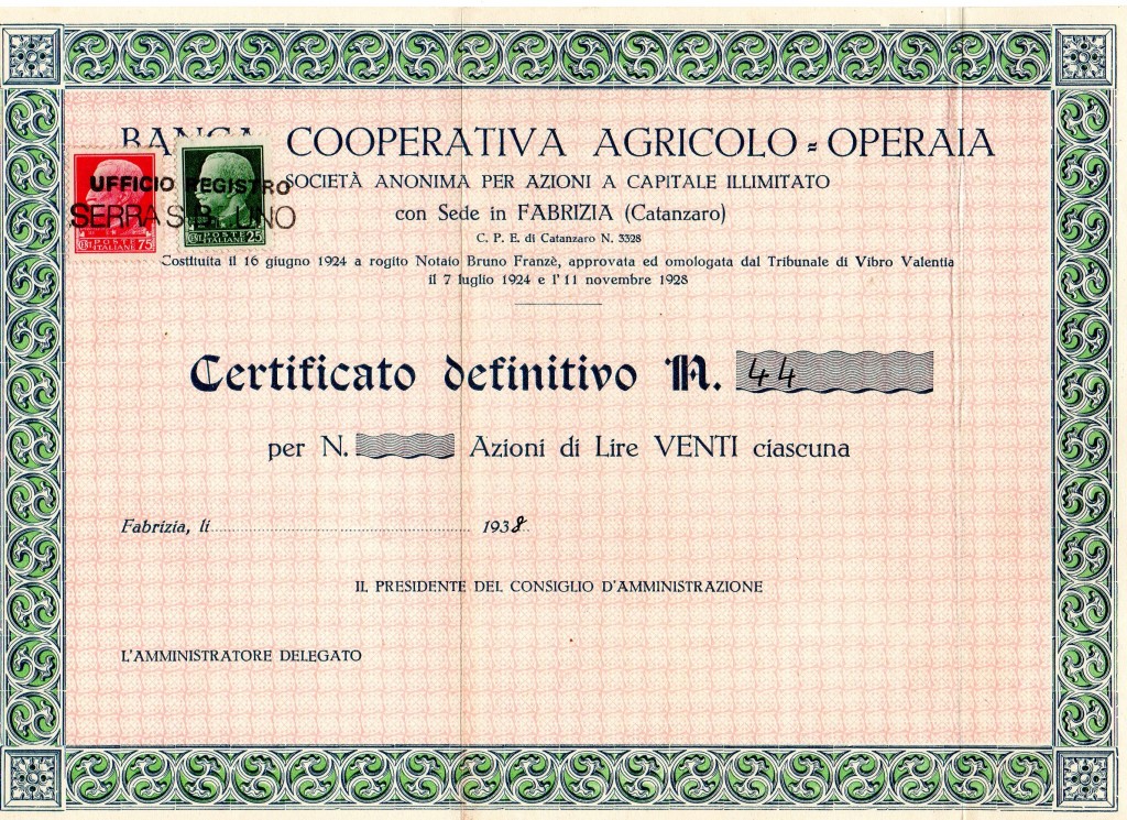 Banca Cooperativa Agricolo Operaia az da lire 20 Fabrizia 1938