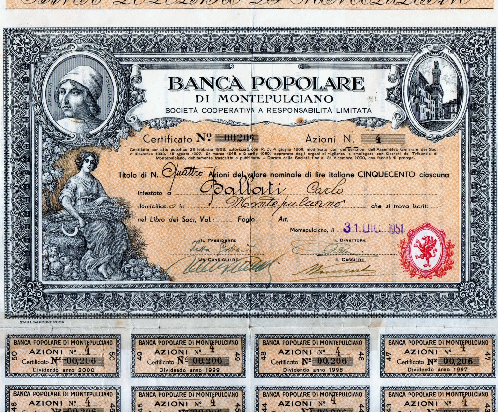 Banca Popolare di Montepulciano az da 500 lire Montepulciano 1951