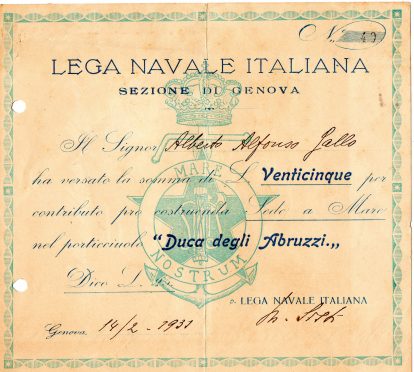 1931 Lega Nazionale Italiana sottoscrizione da l.25 x il Porticciolo''Duca degli Abruzzi''' Genova